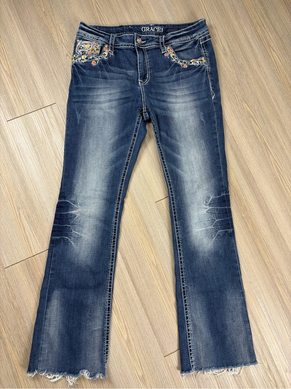 Grace In La Embroidered Flare Jeans - Dark Blue